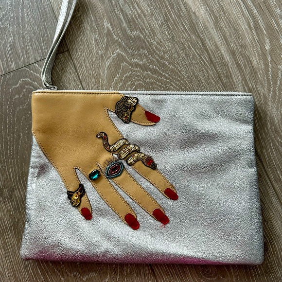 Sam Edelman Jeana Silver Metallic Leather Pouch Clutch - Picture 1 of 5